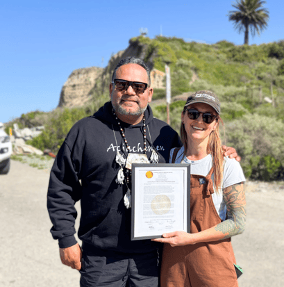 Chairman Nathan Banda presents Surfrider with the first official land acknowledgment from the Juaneño Band of Mission Inidains, Acjachemen Nation