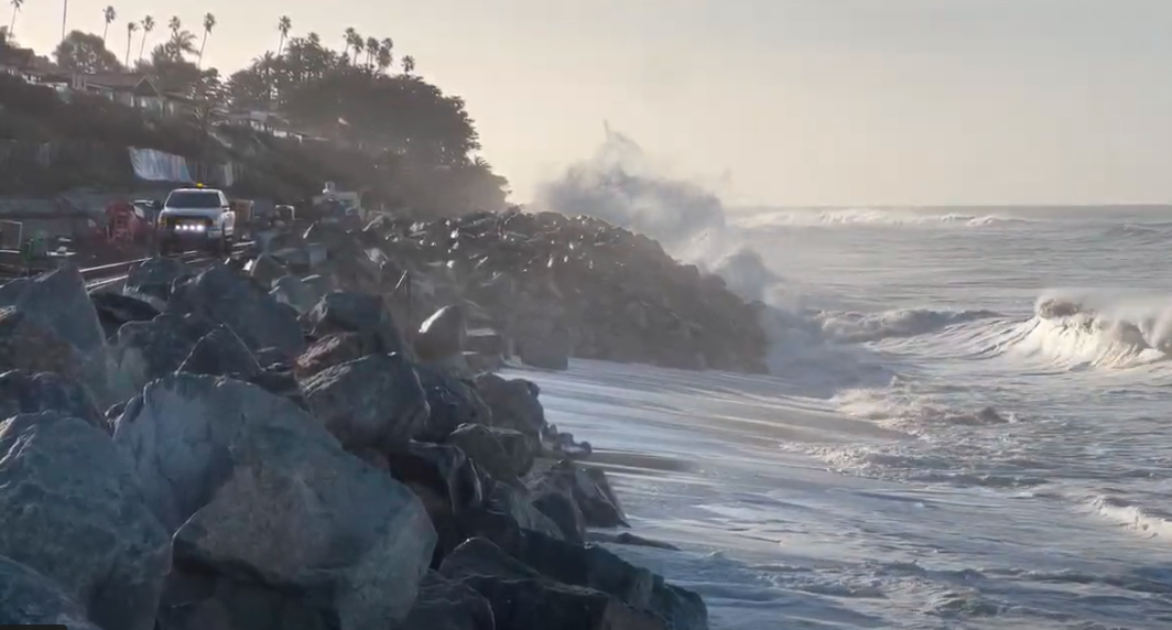 Severe beach erosion is accelerated by emergency boulders along the rail line in San Clemente, CA